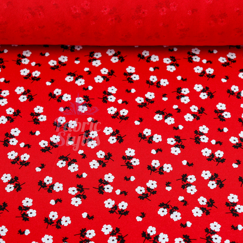 Red Ditsy Black White Viscose Elastane Fabric