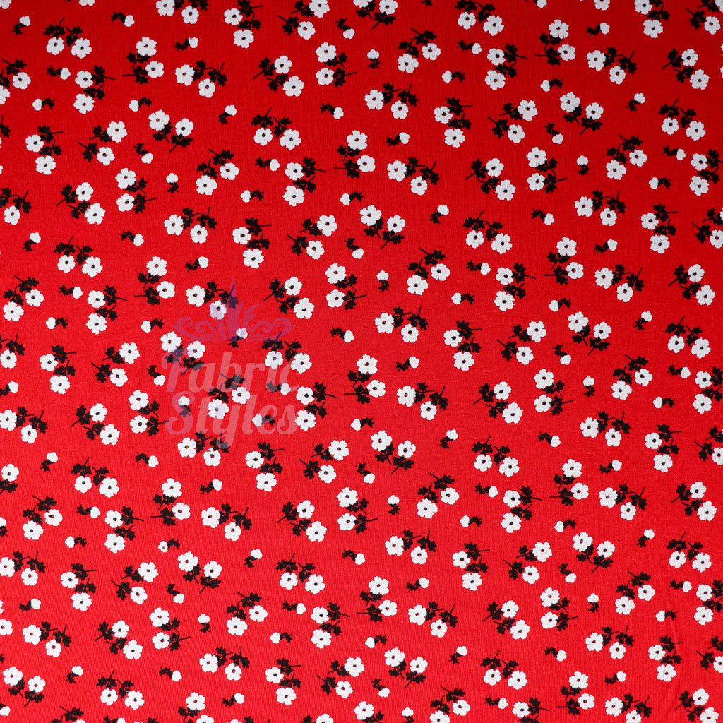 Red Ditsy Black White Viscose Elastane Fabric
