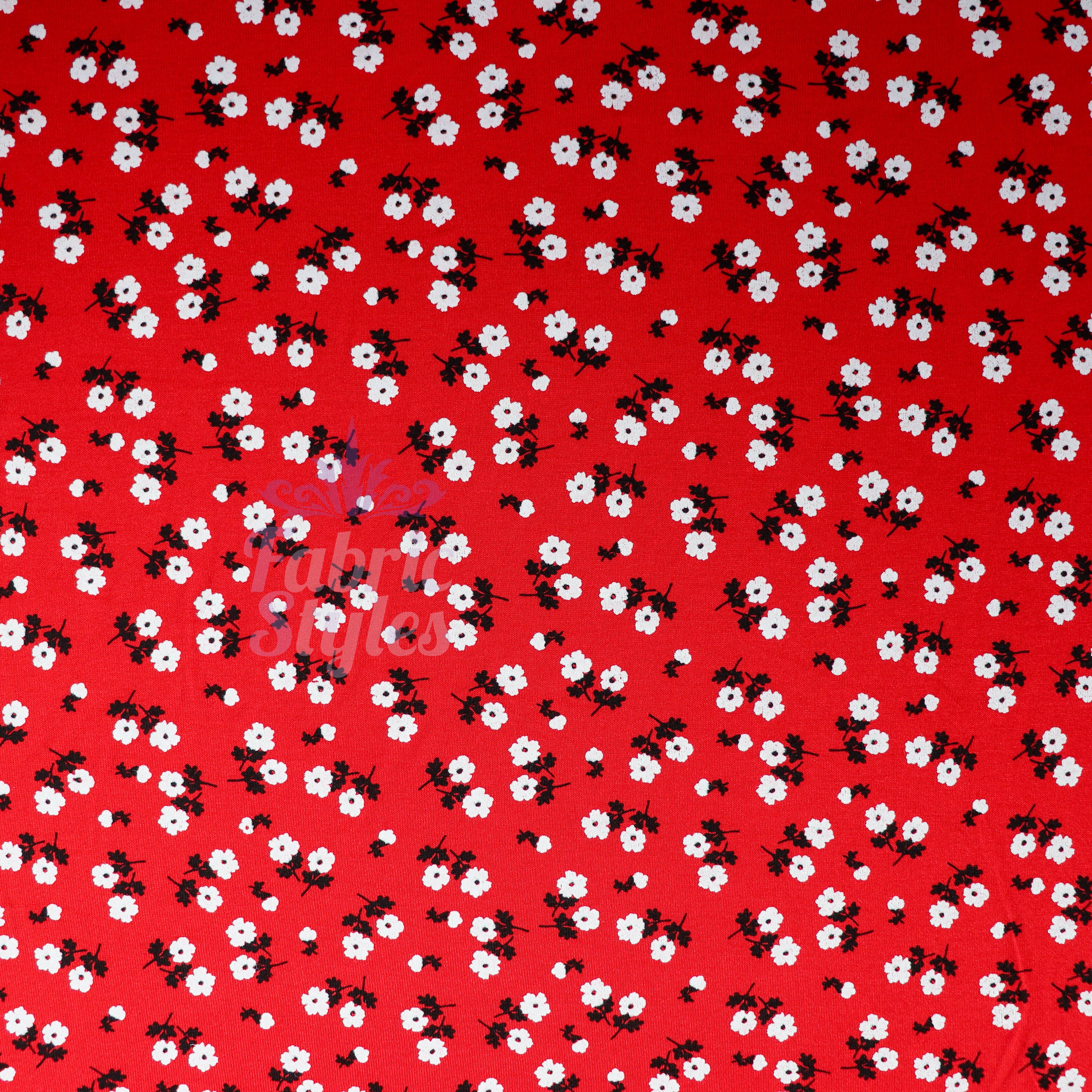 Red Ditsy Black White Viscose Elastane Fabric
