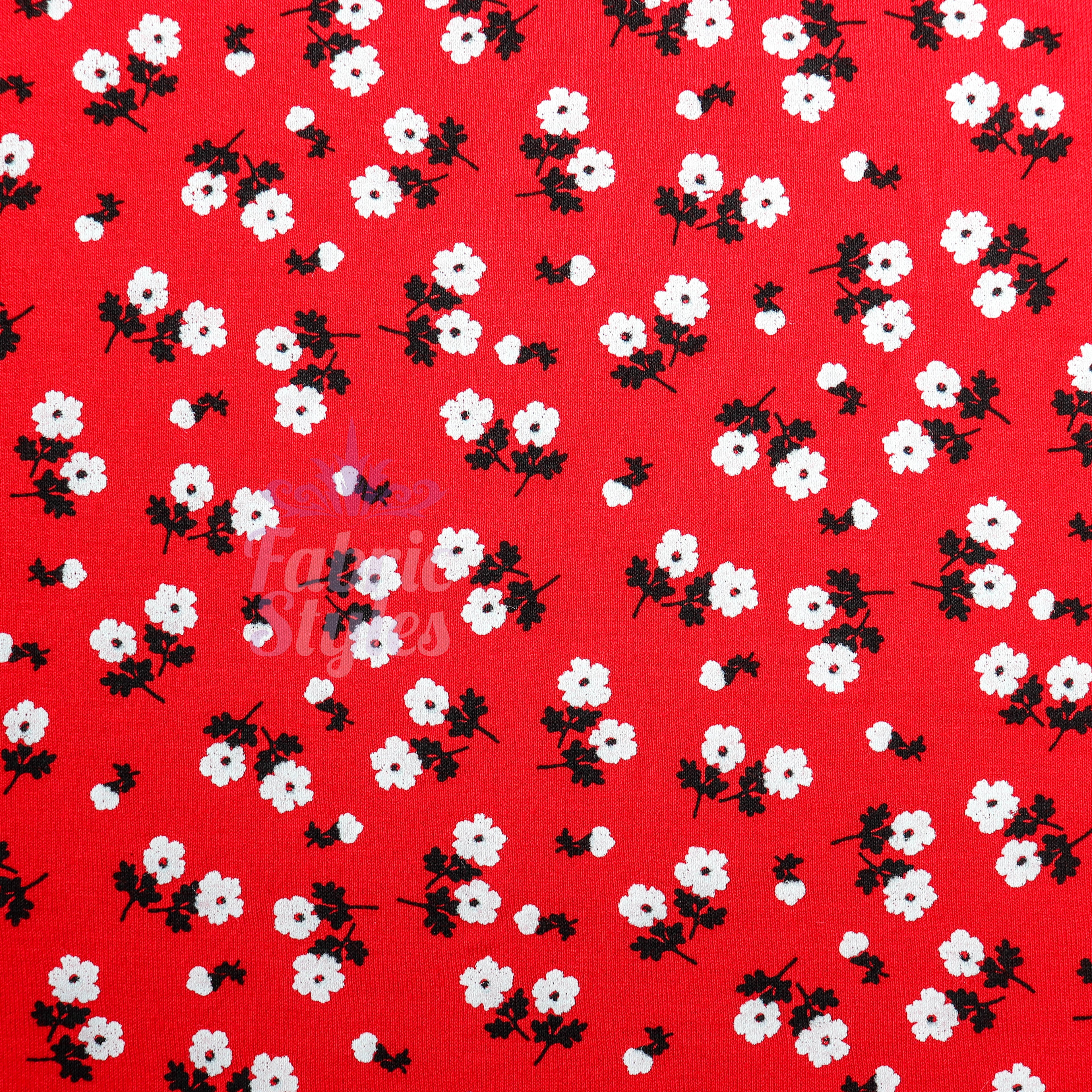 Red Ditsy Black White Viscose Elastane Fabric