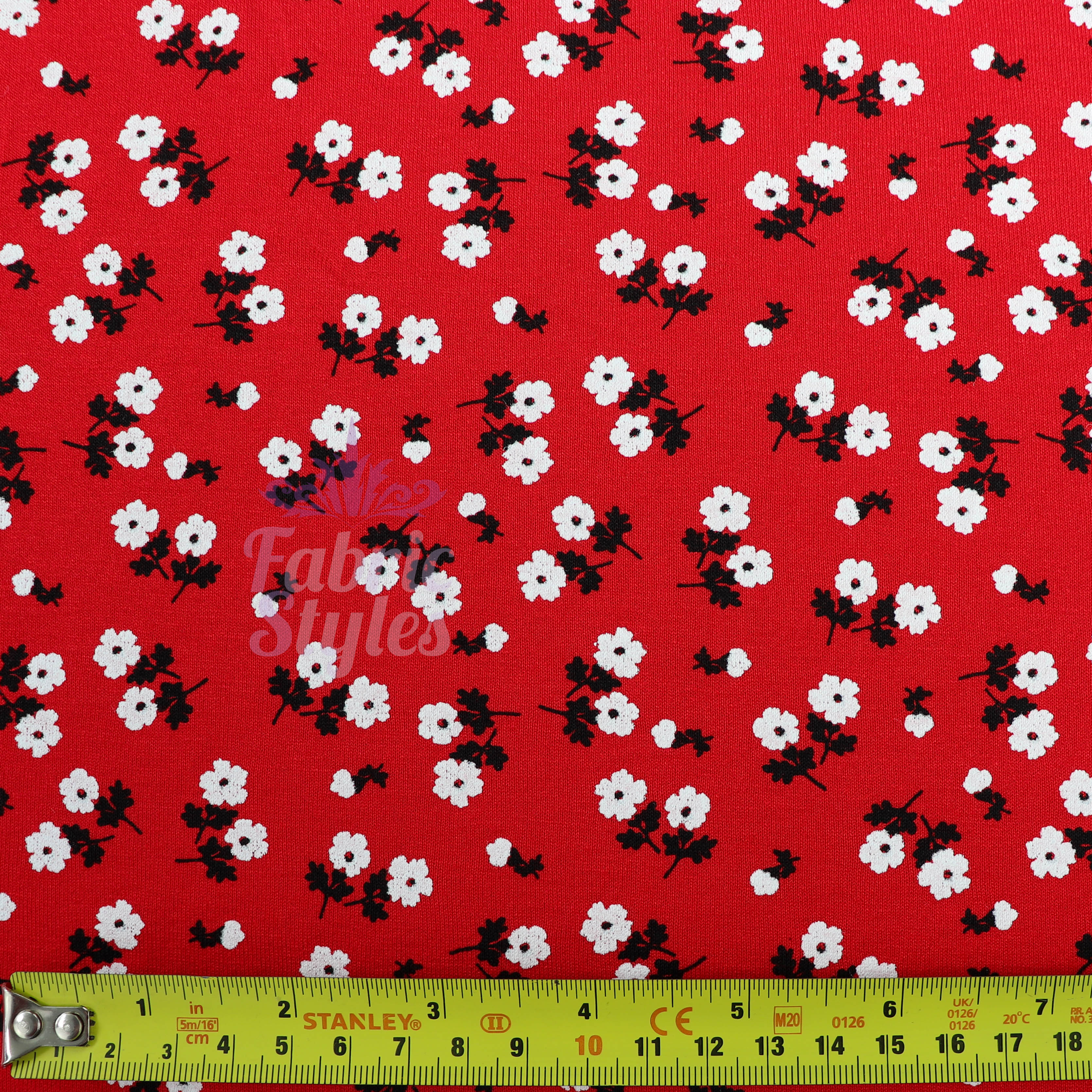 Red Ditsy Black White Viscose Elastane Fabric
