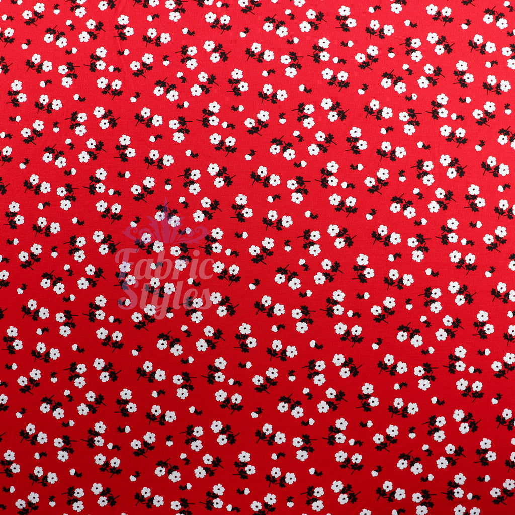 Red Ditsy Black White Viscose Elastane Fabric