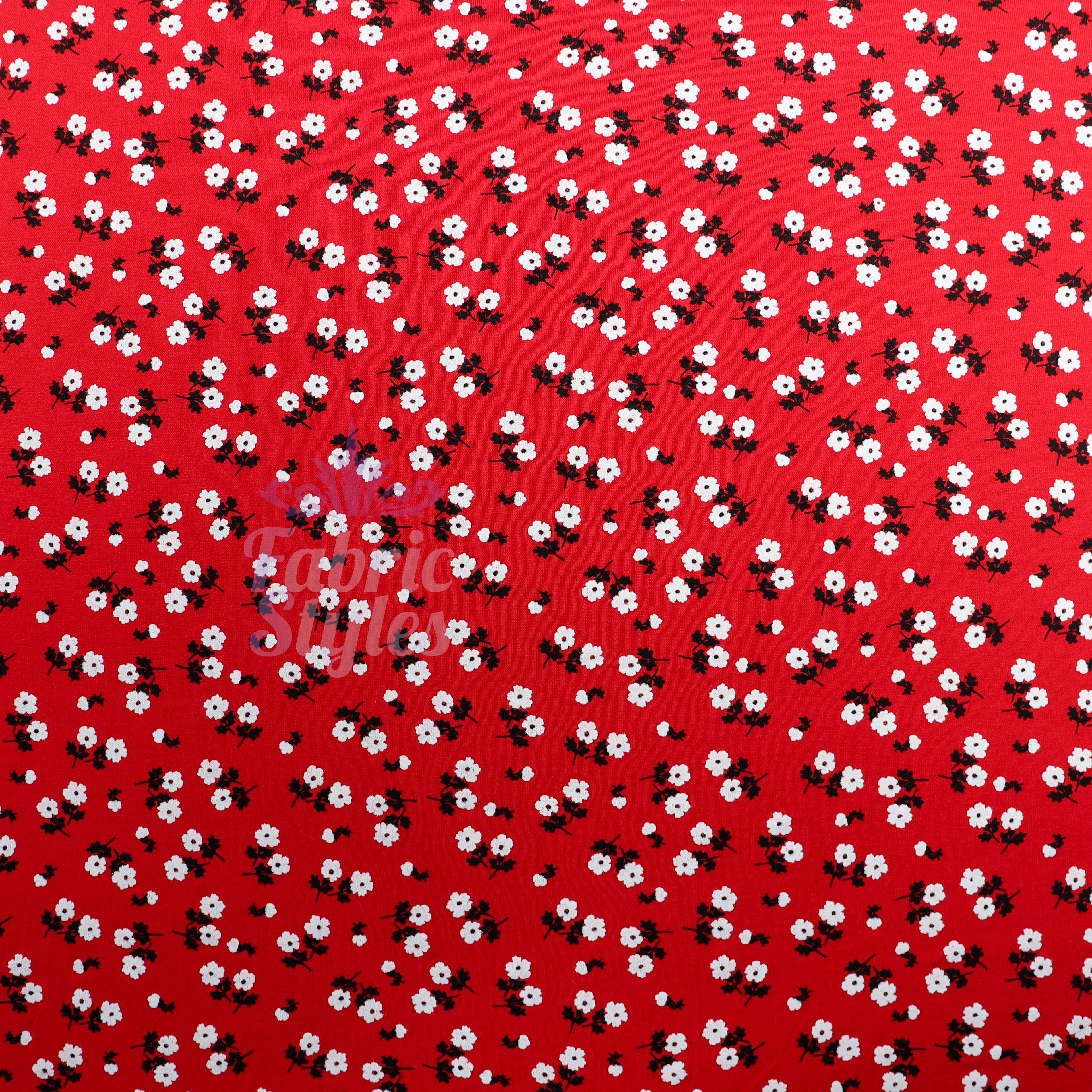 Red Ditsy Black White Viscose Elastane Fabric