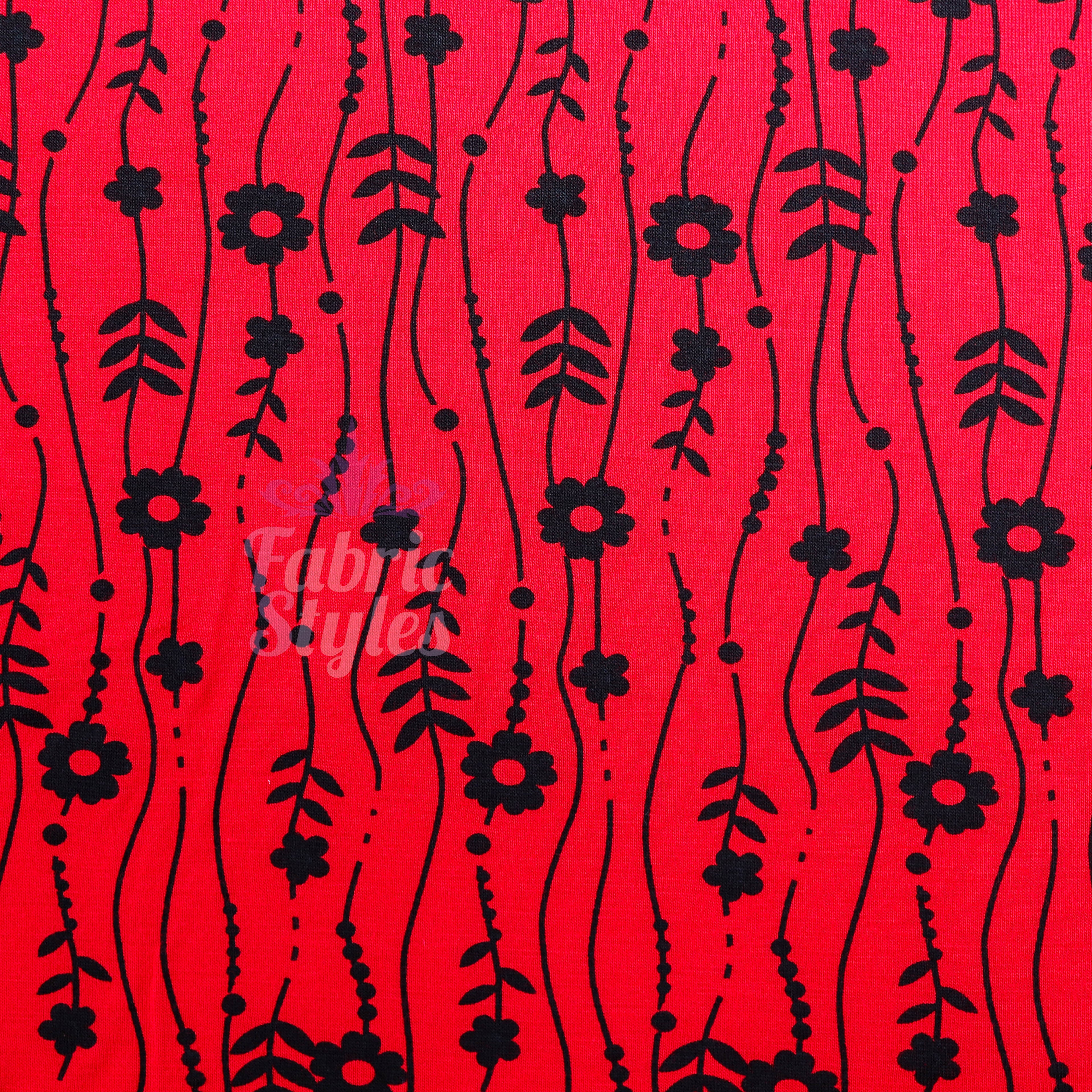 Red Stripe Floral Viscose Elastane Fabric