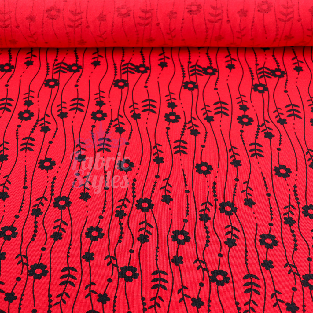 Red Stripe Floral Viscose Elastane Fabric