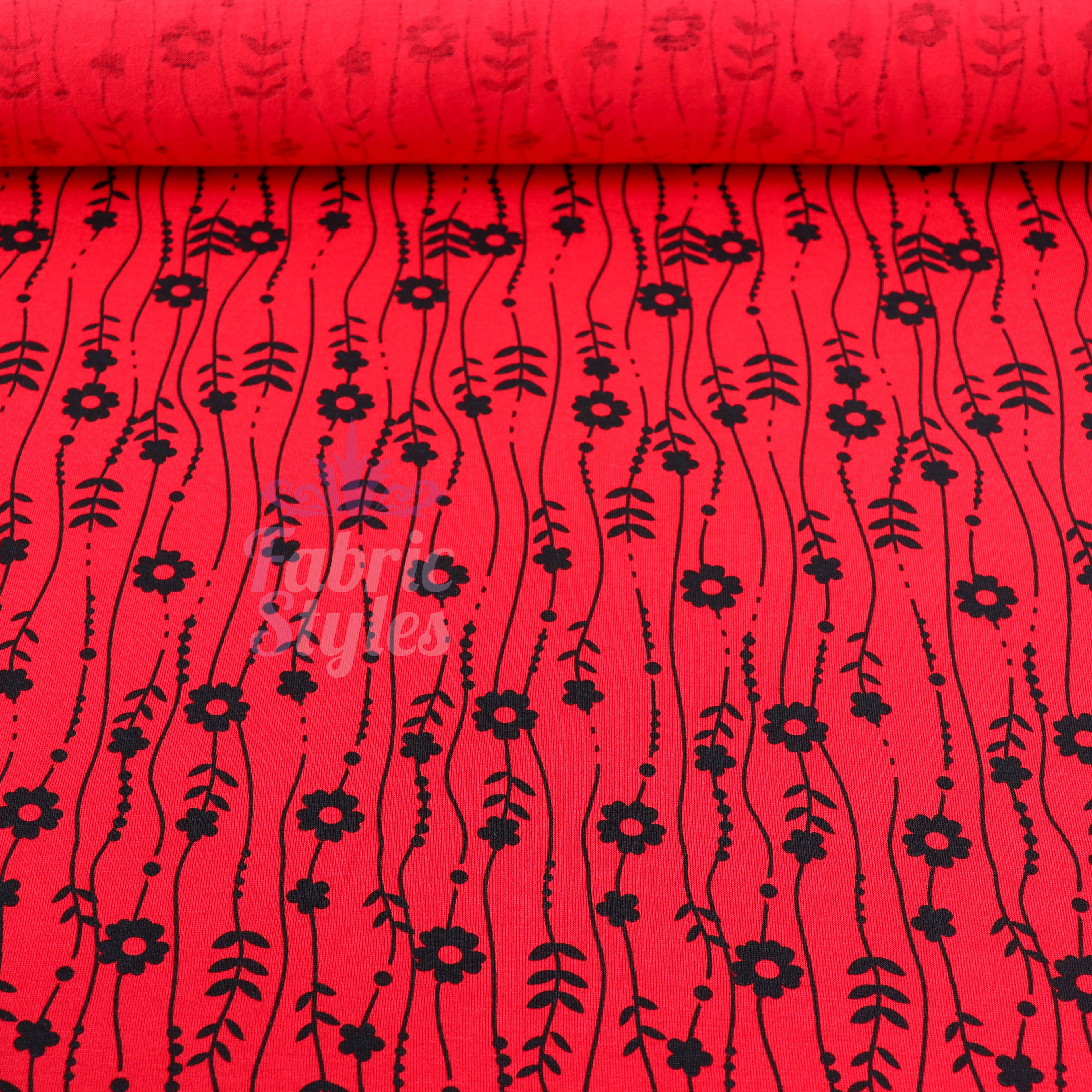 Red Stripe Floral Viscose Elastane Fabric
