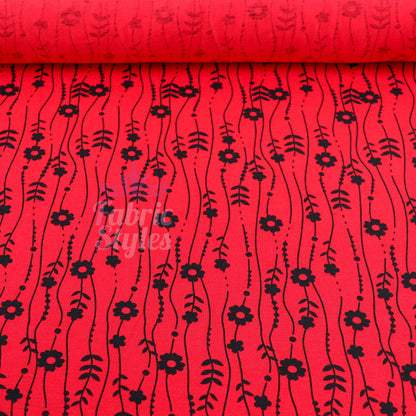 Red Stripe Floral Viscose Elastane Fabric