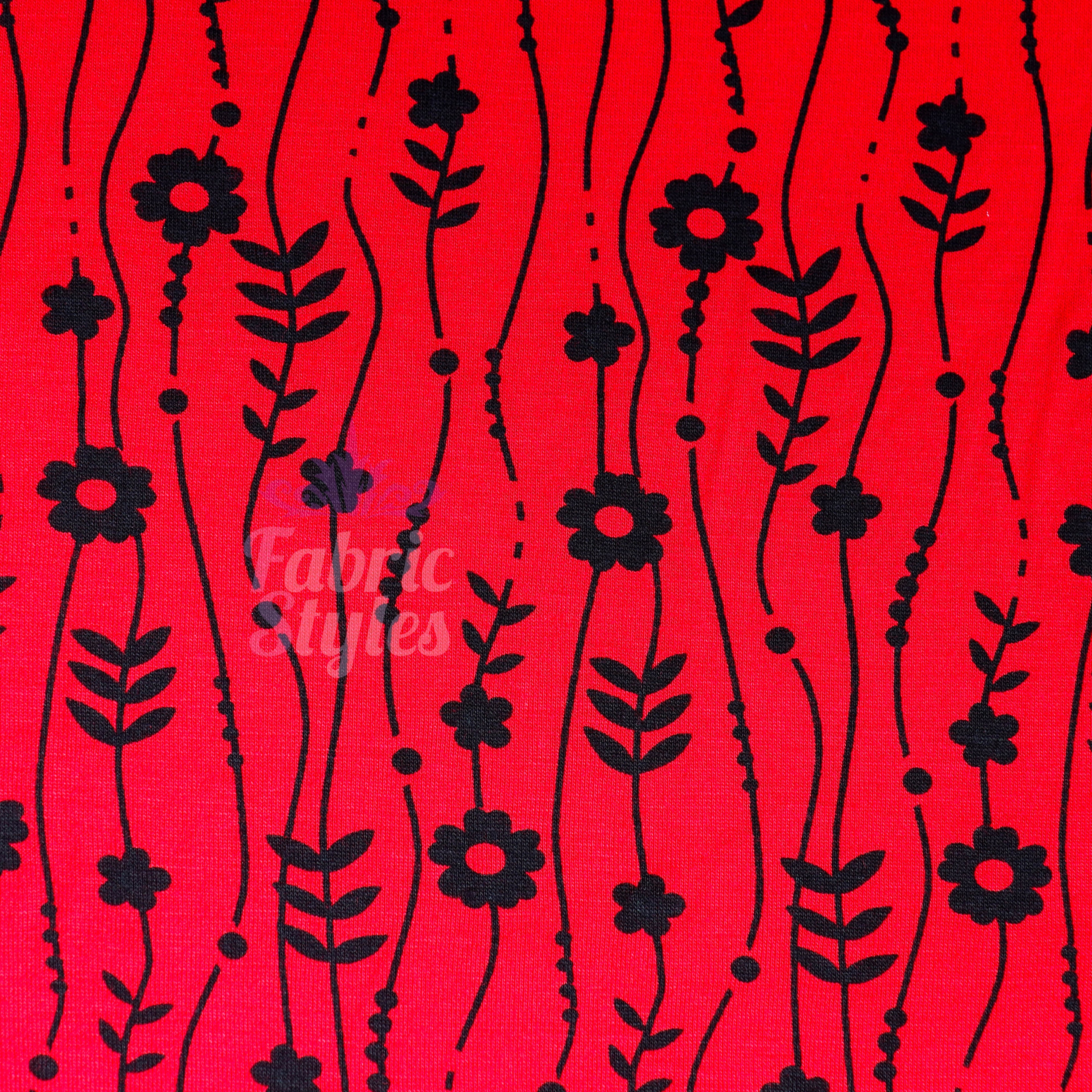 Red Stripe Floral Viscose Elastane Fabric