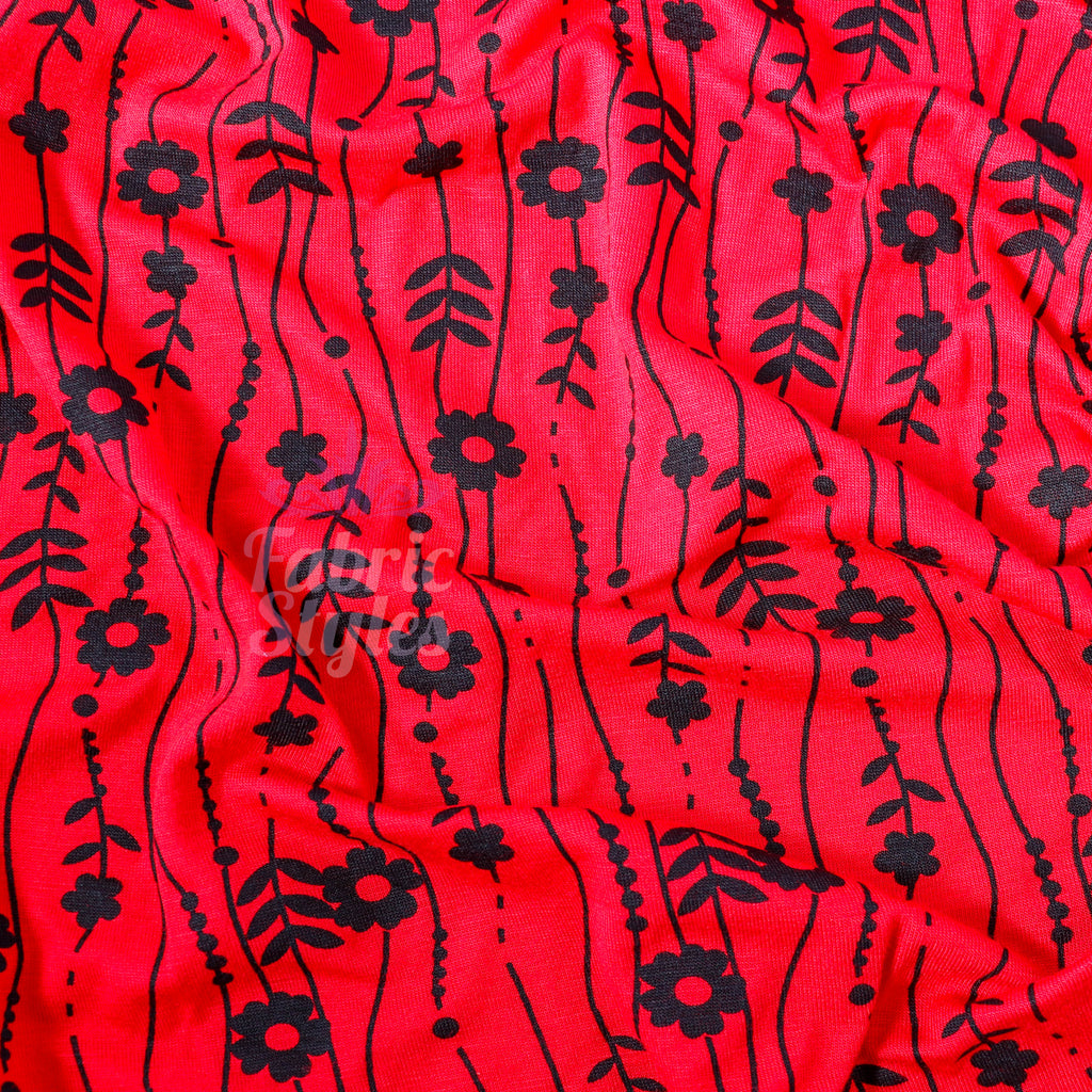 Red Stripe Floral Viscose Elastane Fabric