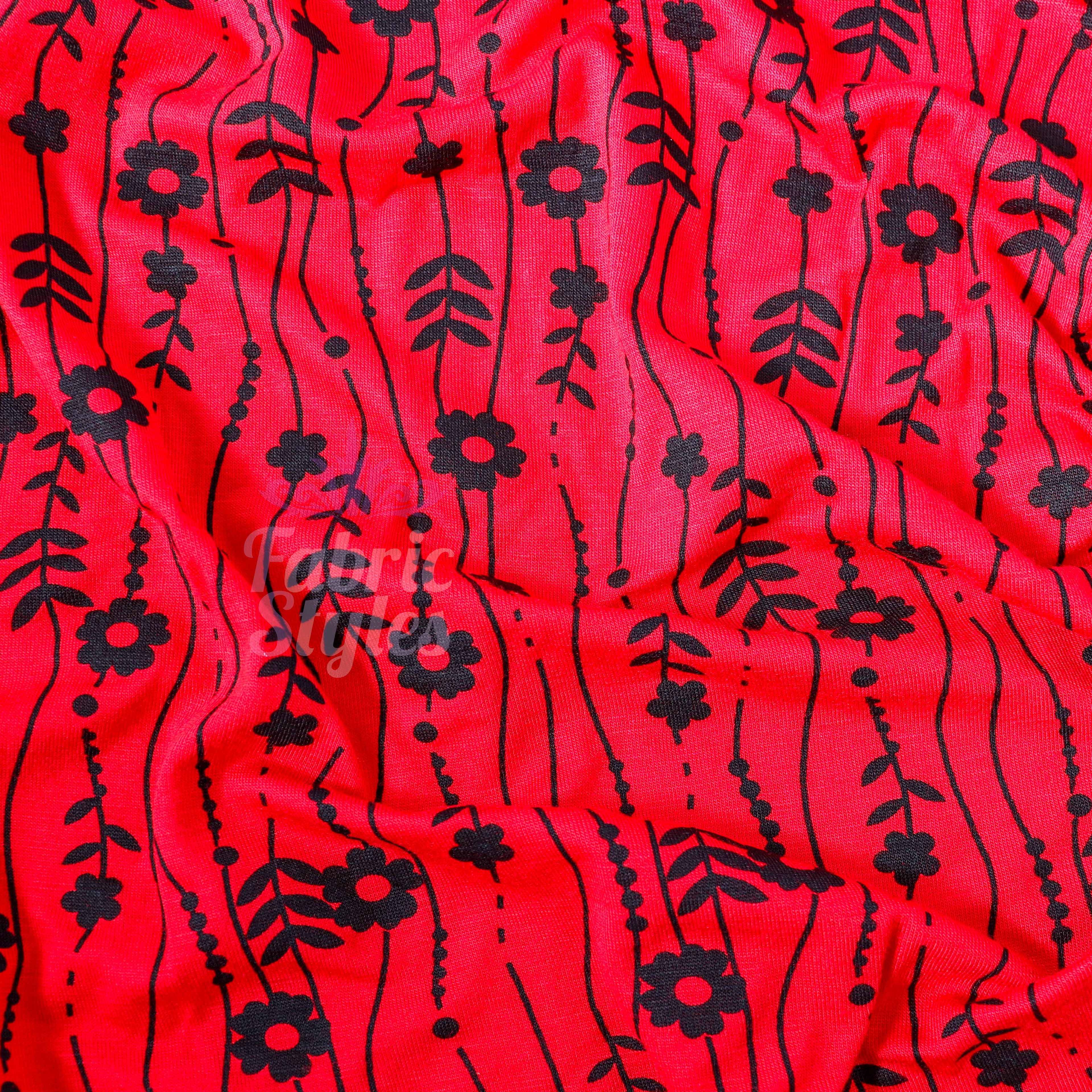 Red Stripe Floral Viscose Elastane Fabric