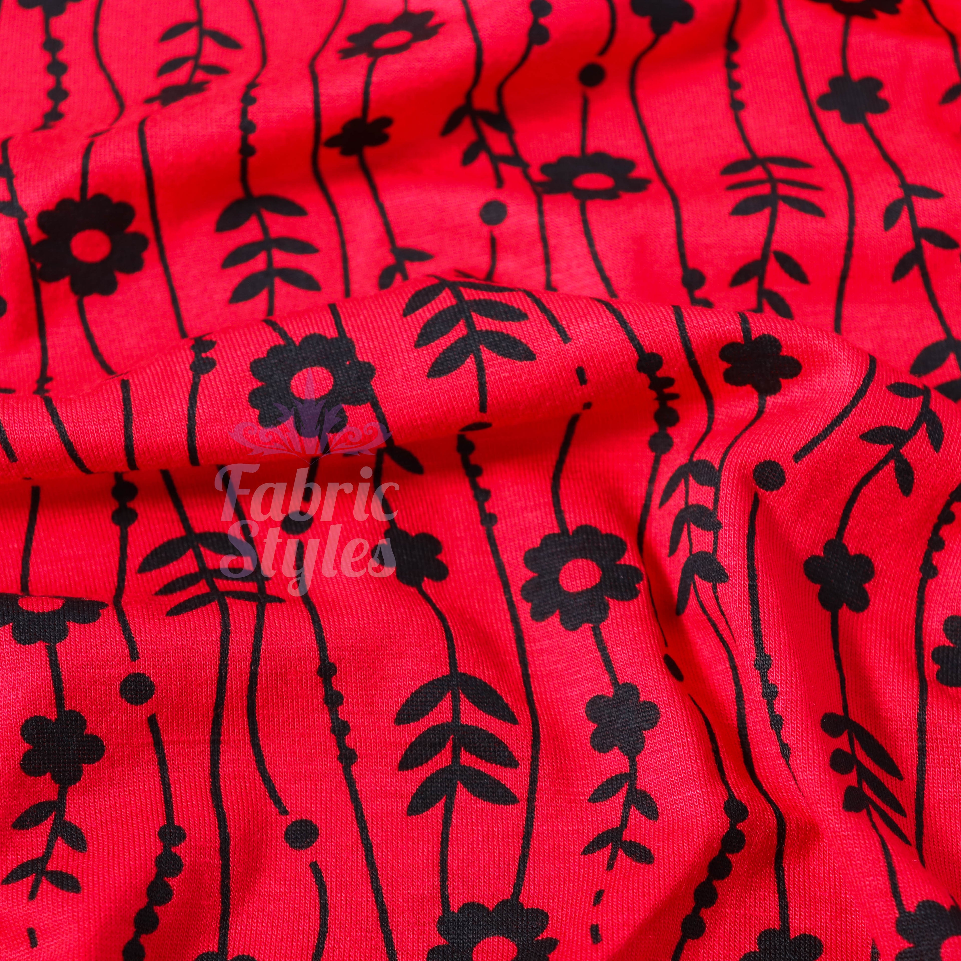 Red Stripe Floral Viscose Elastane Fabric