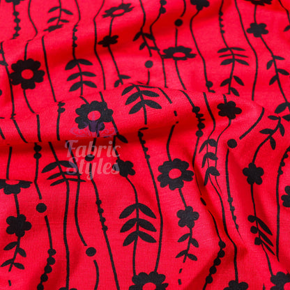 Red Stripe Floral Viscose Elastane Fabric