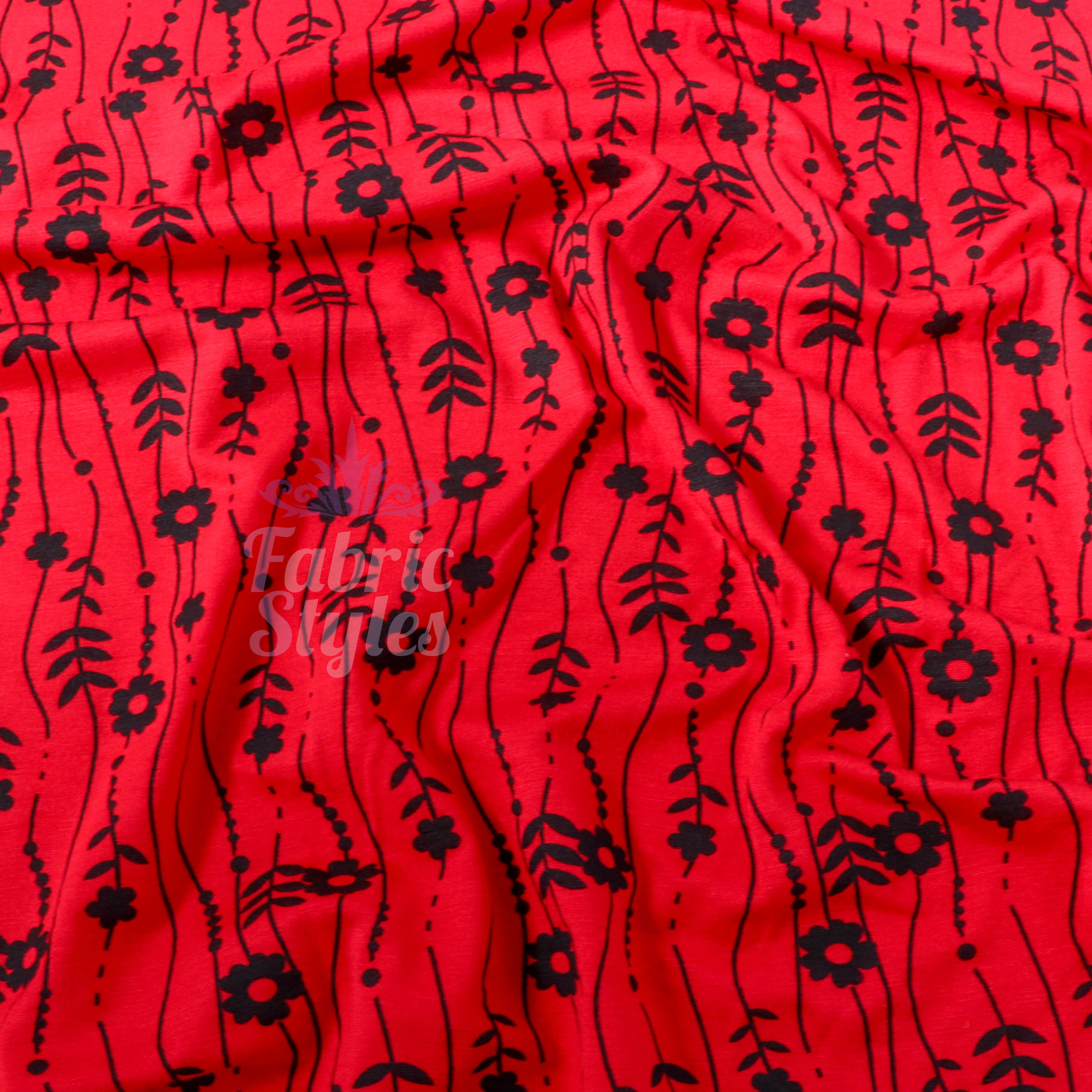 Red Stripe Floral Viscose Elastane Fabric