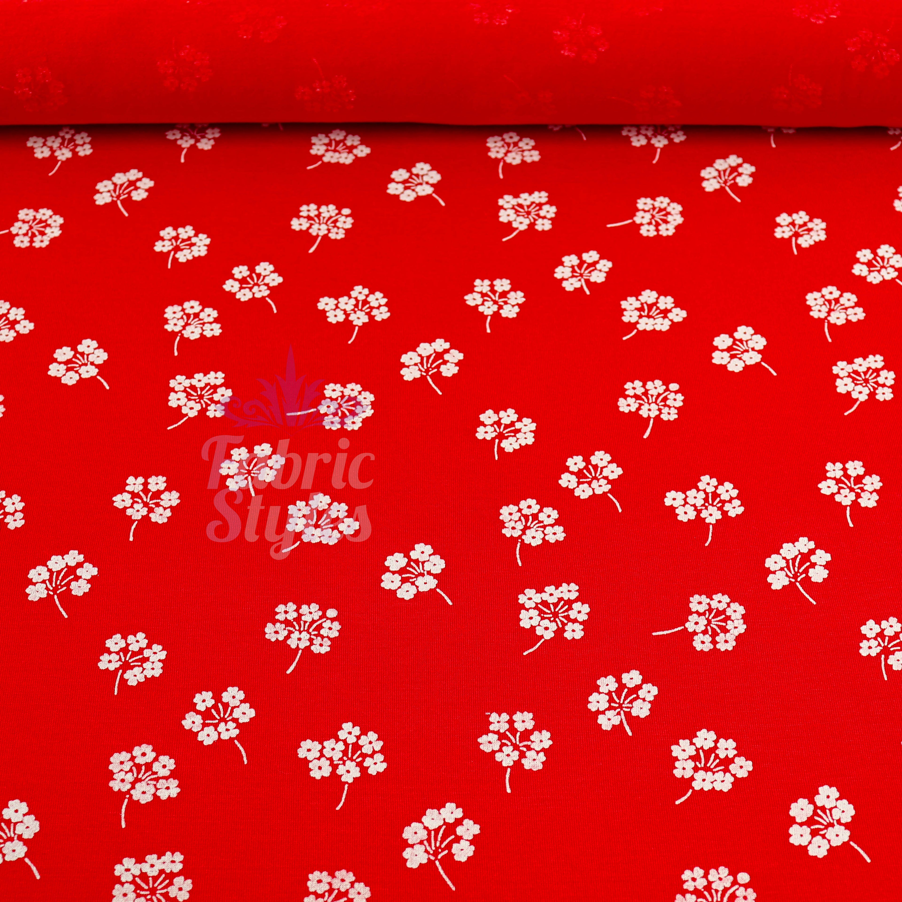 Red Floral White Bouquet Viscose Elastane Fabric