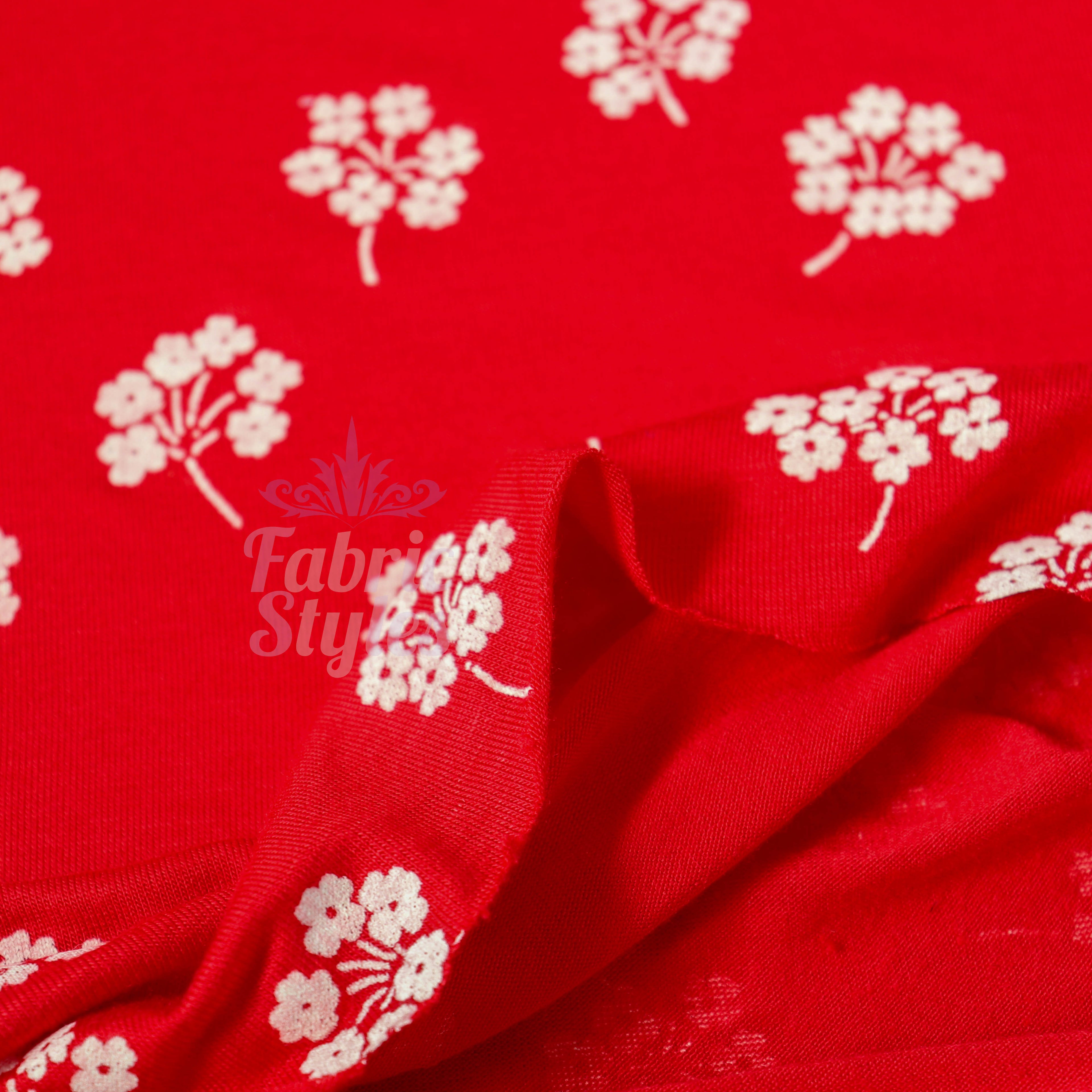 Red Floral White Bouquet Viscose Elastane Fabric