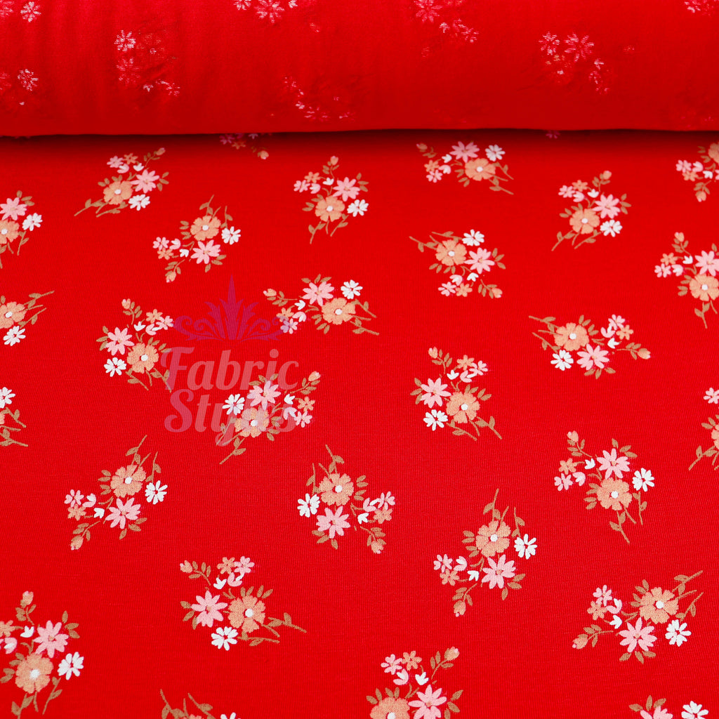 Red Floral Bouquet Viscose Elastane Fabric