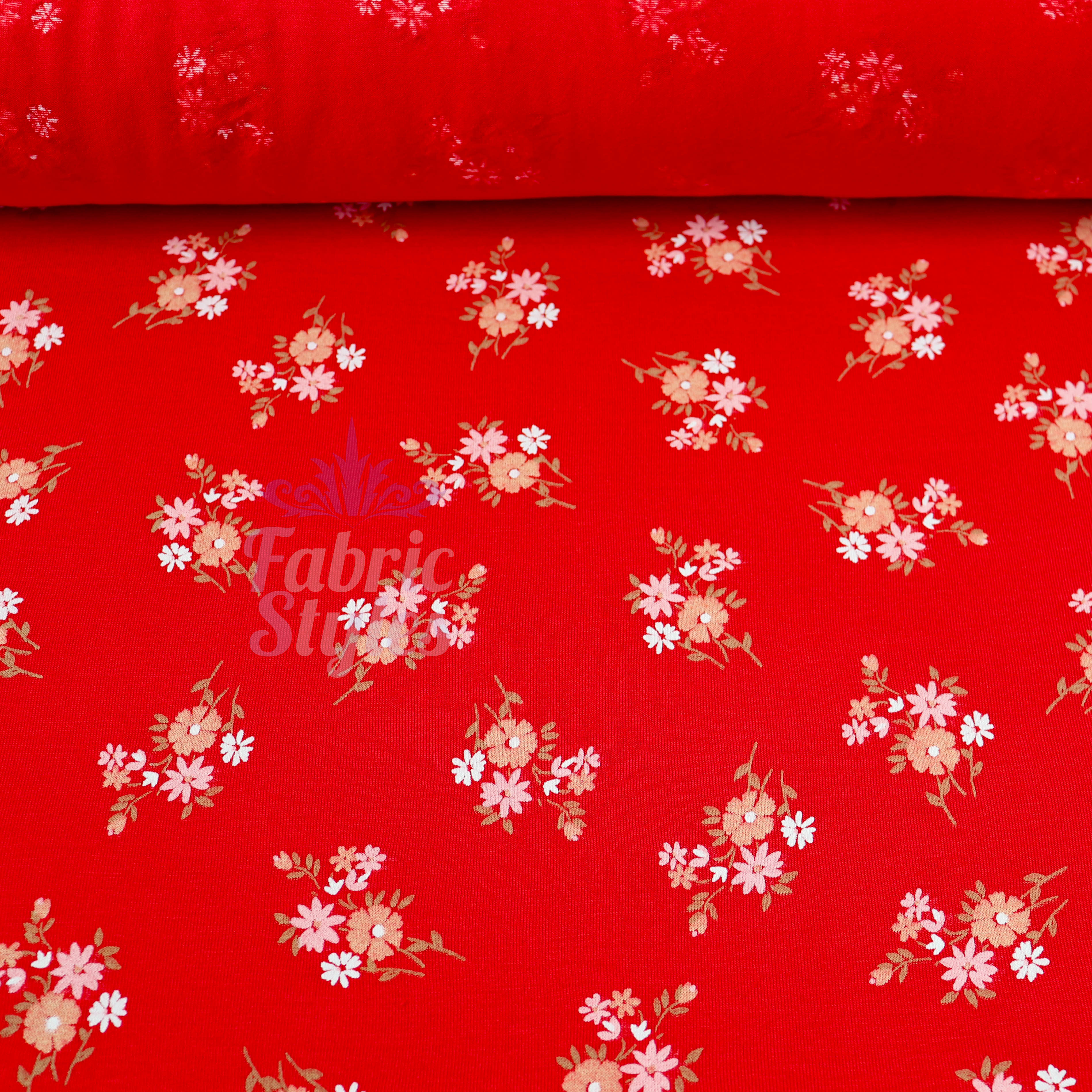 Red Floral Bouquet Viscose Elastane Fabric