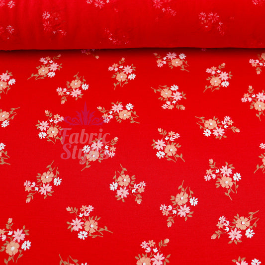 Red Floral Bouquet Viscose Elastane Fabric
