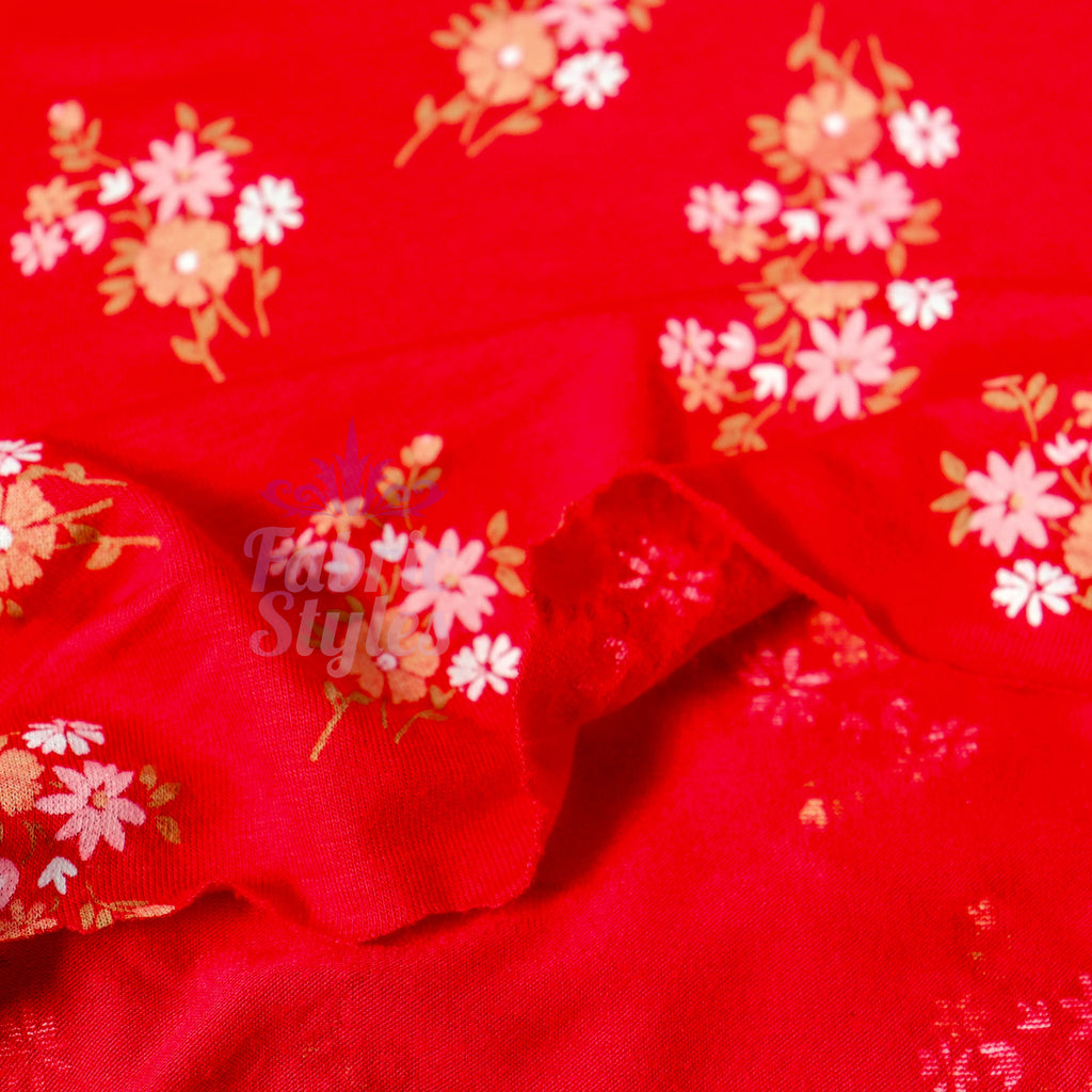 Red Floral Bouquet Viscose Elastane Fabric