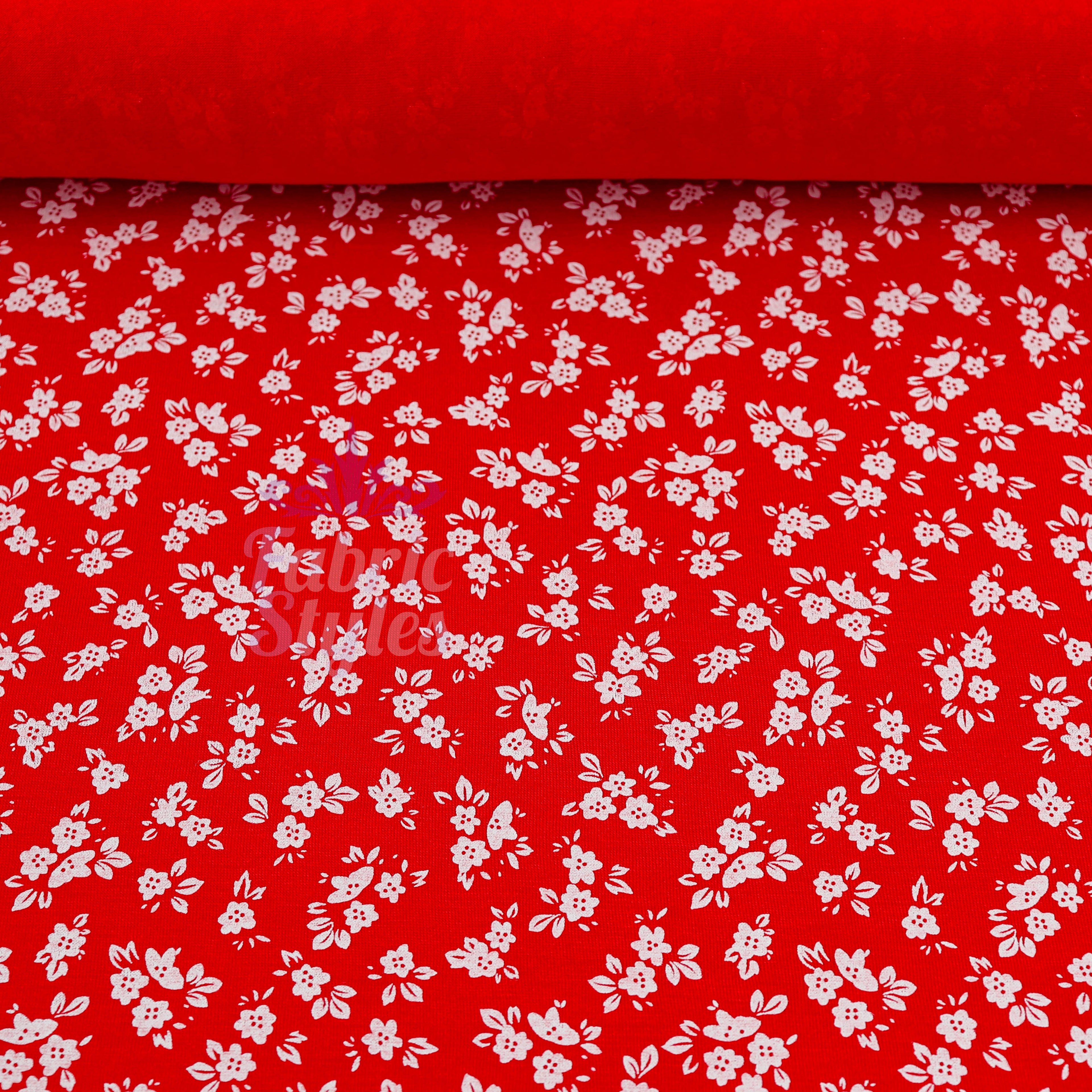 Red Ditsy Floral Viscose Elastane Fabric