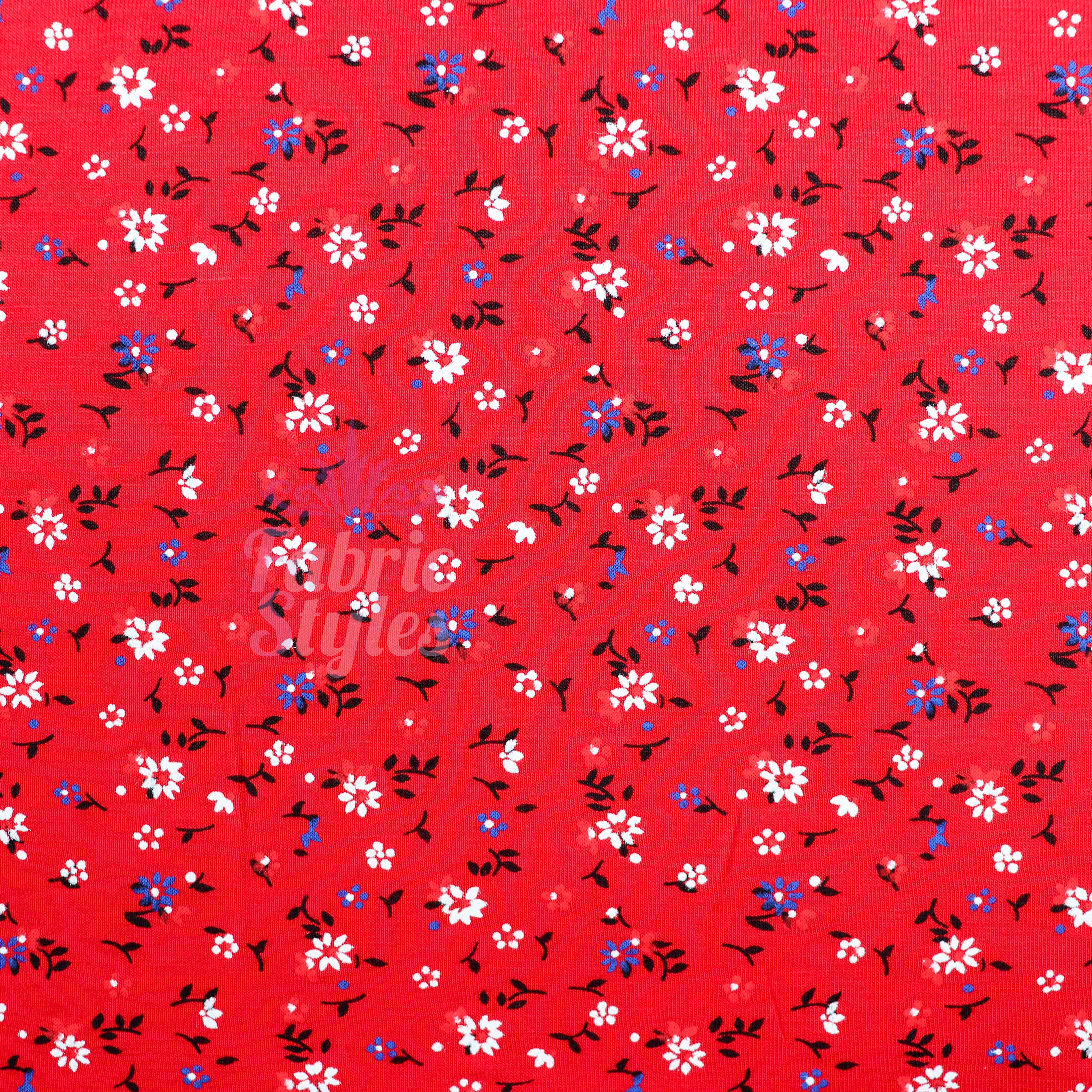 Red Ditsy Black Blue White Viscose Elastane Fabric