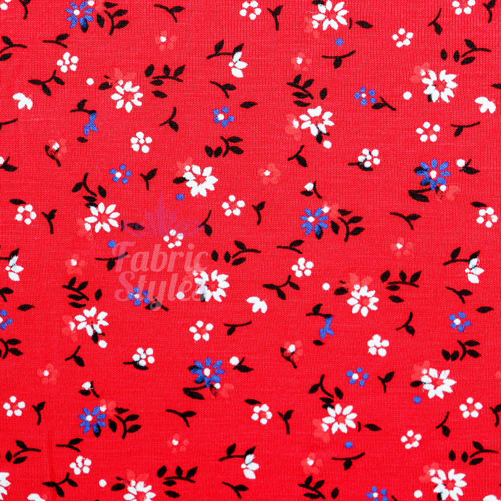 Red Ditsy Black Blue White Viscose Elastane Fabric