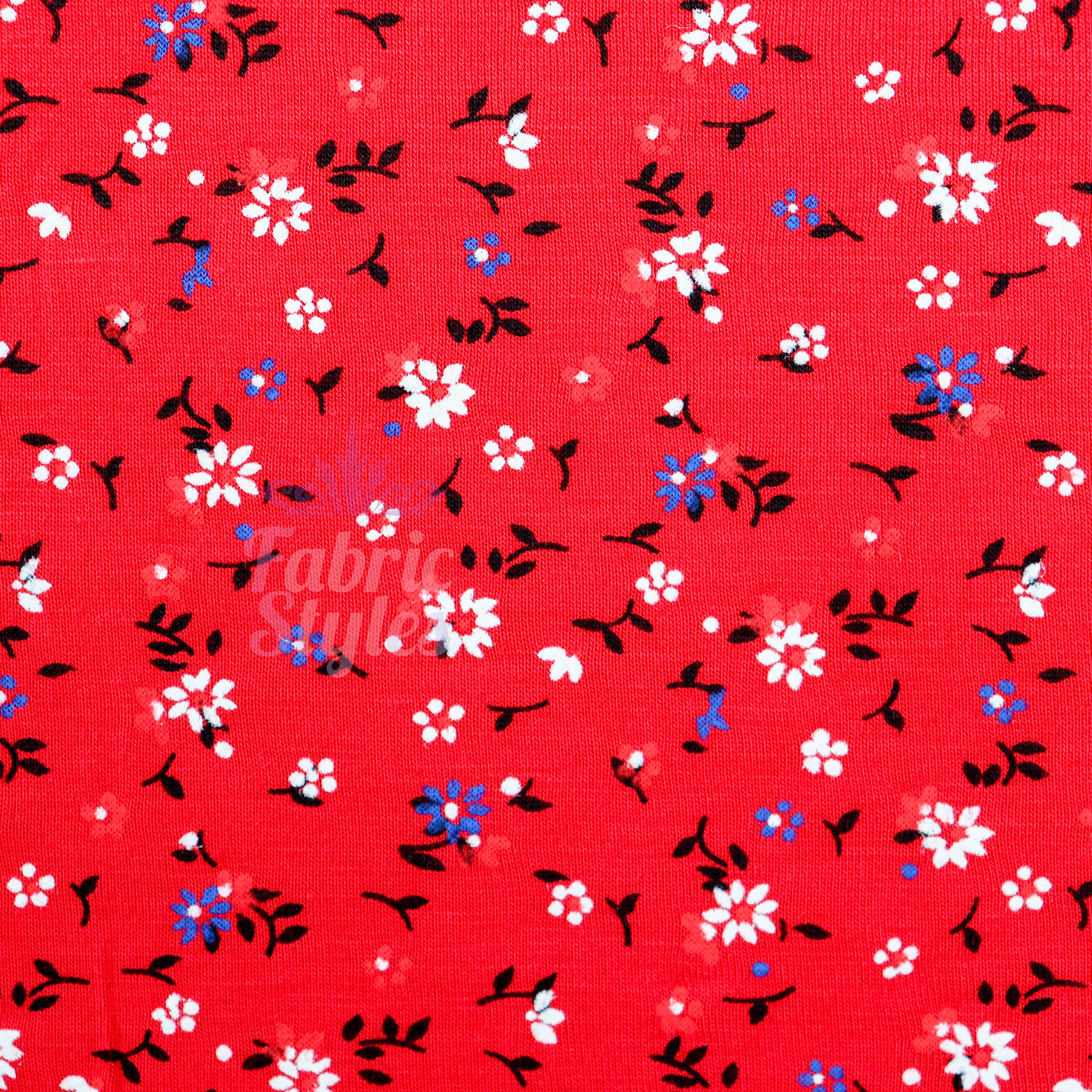 Red Ditsy Black Blue White Viscose Elastane Fabric