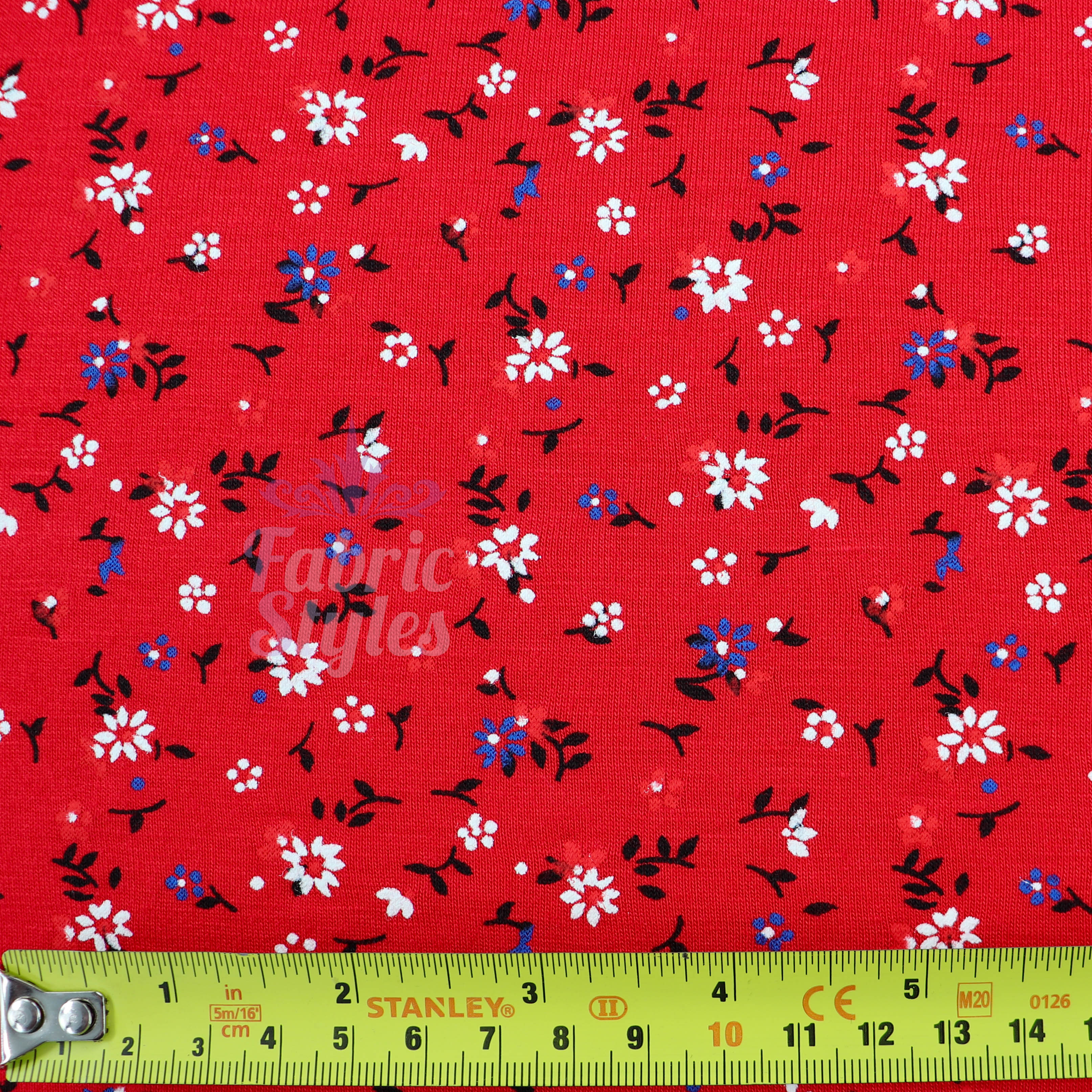Red Ditsy Black Blue White Viscose Elastane Fabric