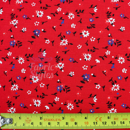 Red Ditsy Black Blue White Viscose Elastane Fabric