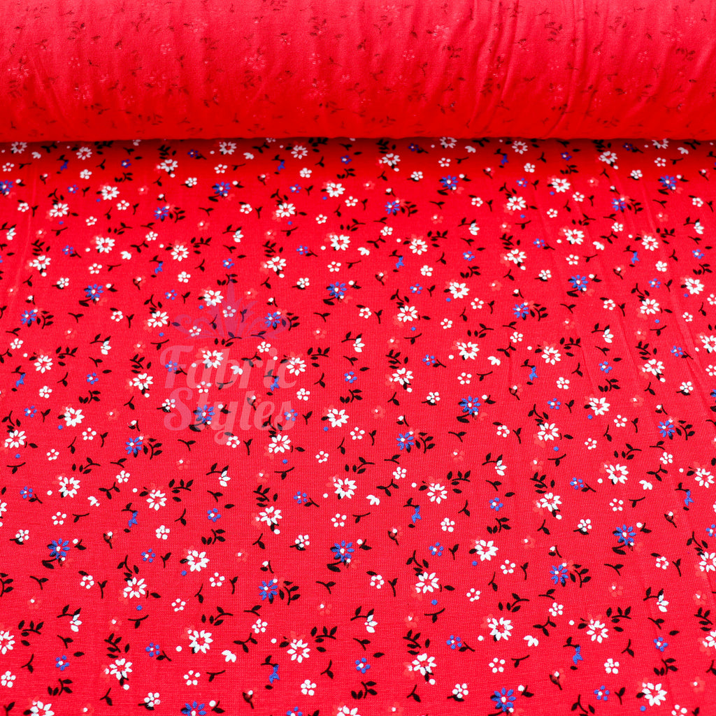 Red Ditsy Black Blue White Viscose Elastane Fabric
