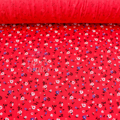Red Ditsy Black Blue White Viscose Elastane Fabric