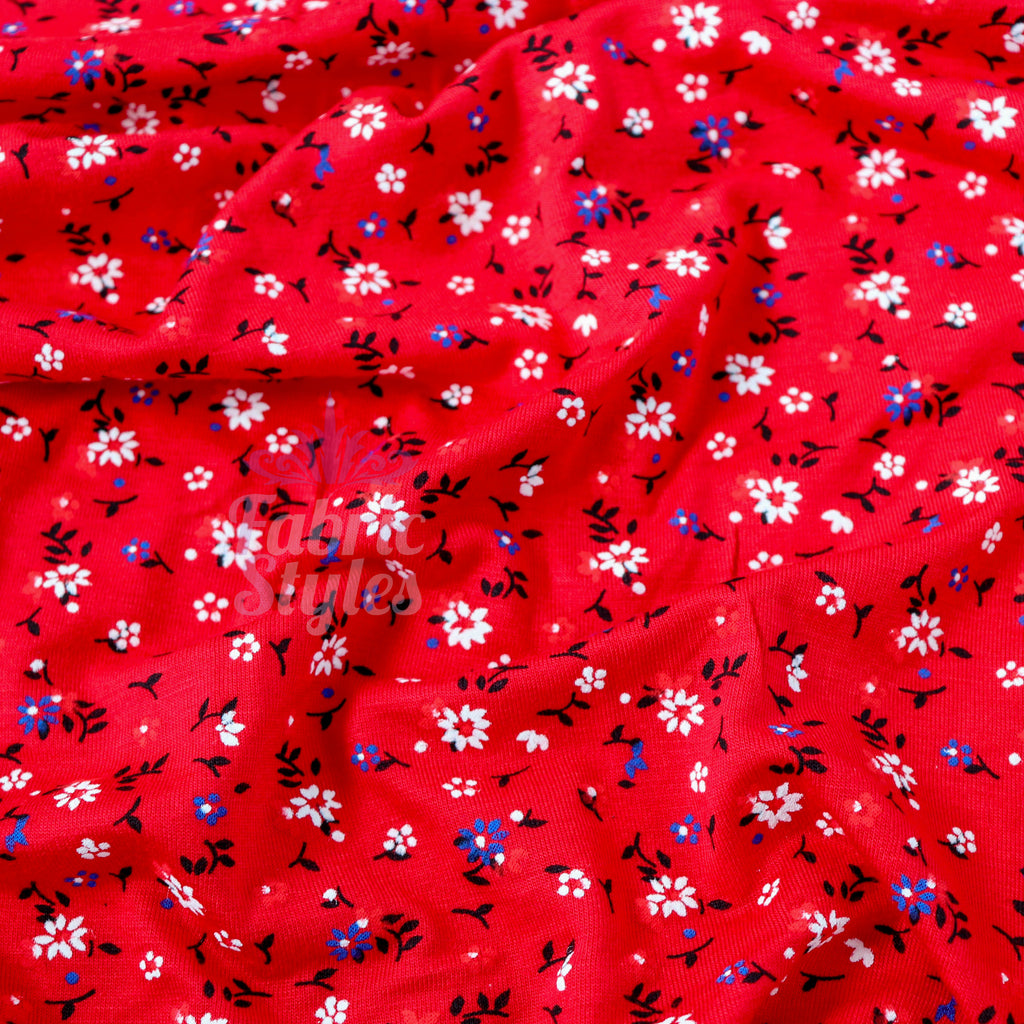 Red Ditsy Black Blue White Viscose Elastane Fabric