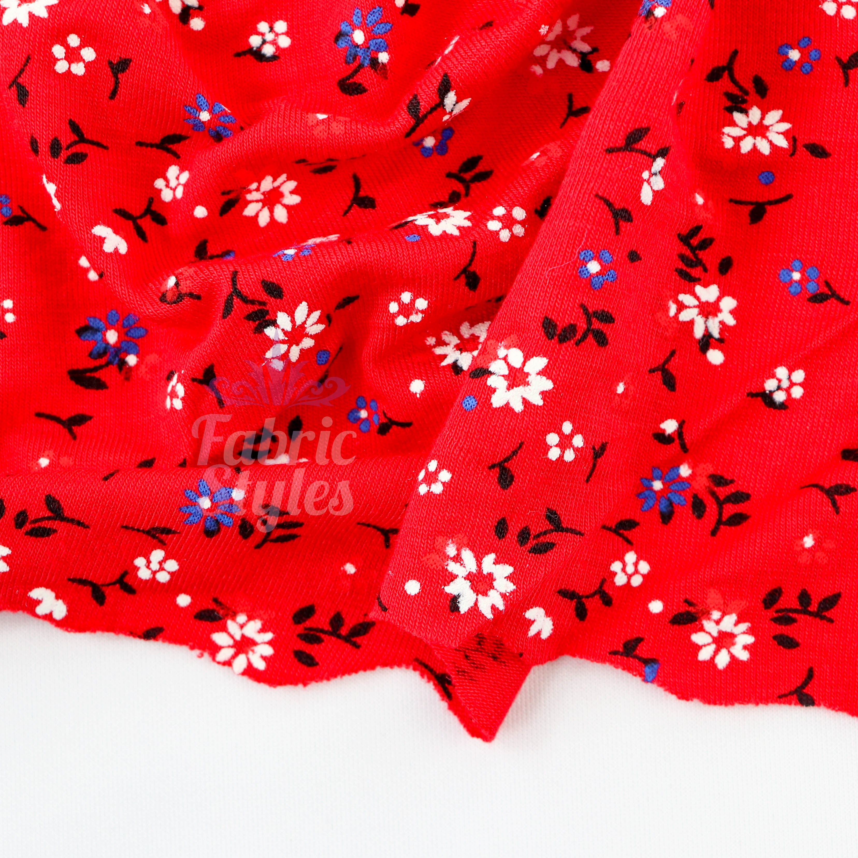 Red Ditsy Black Blue White Viscose Elastane Fabric