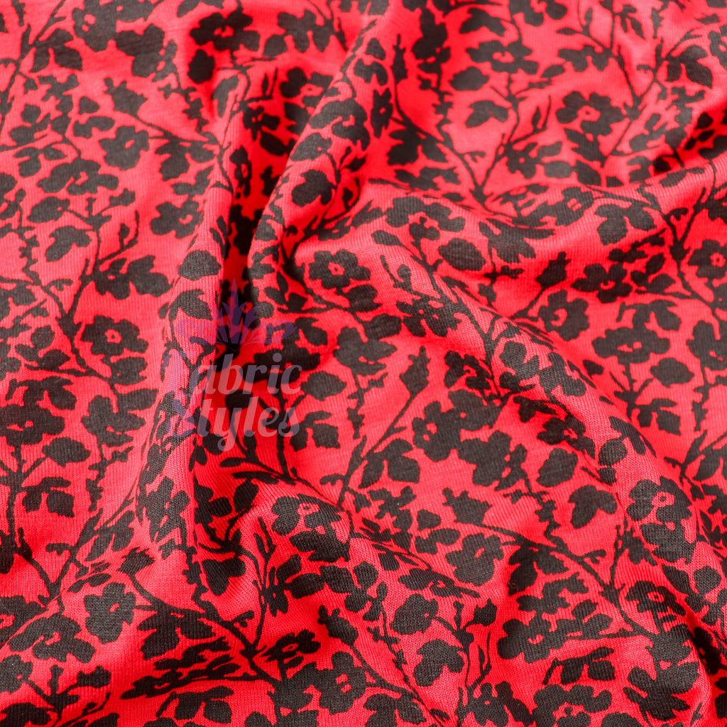 Red Black Floral Viscose Elastane Fabric