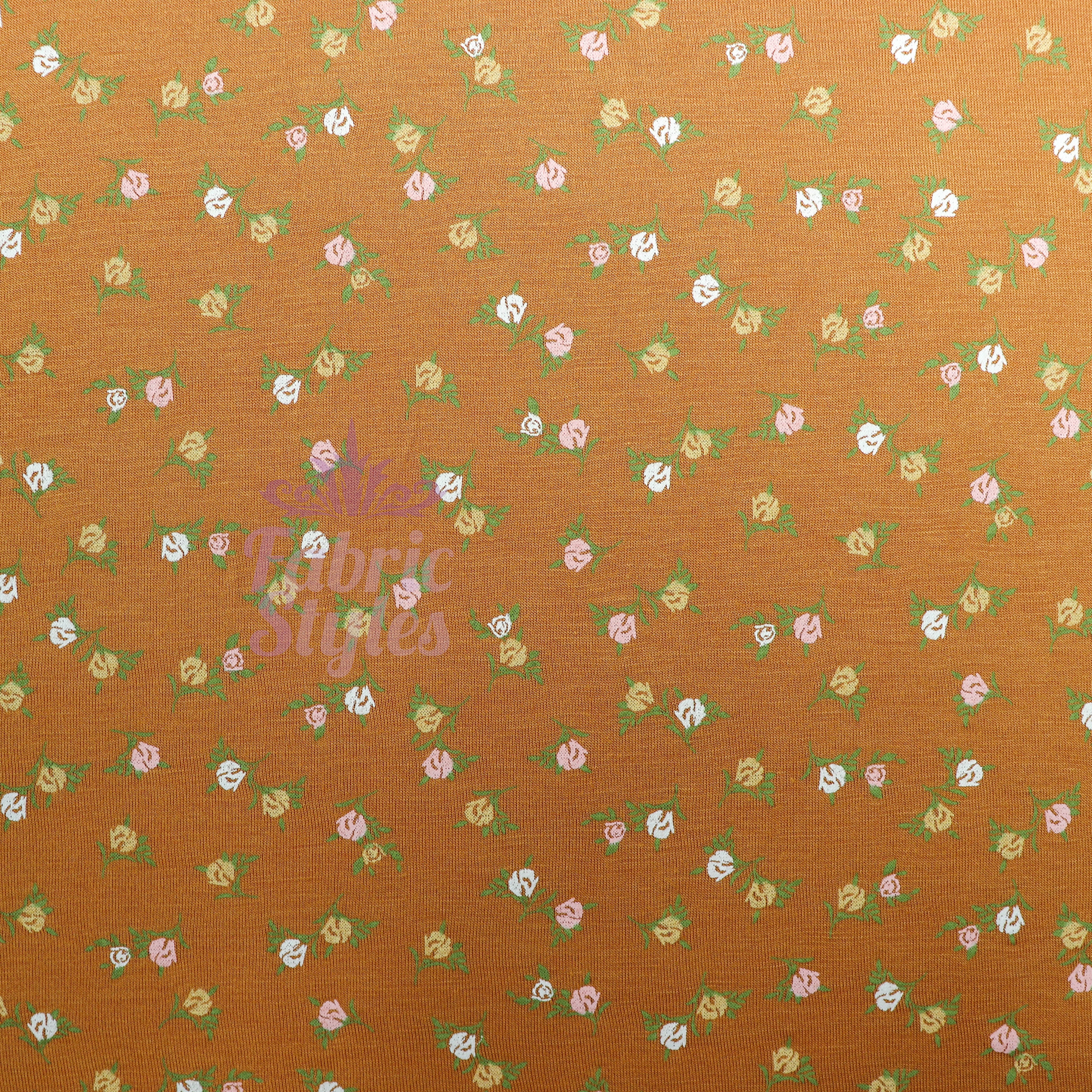 Mustard Ditsy Small Green Flowers Viscose Elastane Fabric