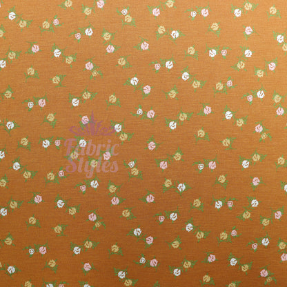 Mustard Ditsy Small Green Flowers Viscose Elastane Fabric