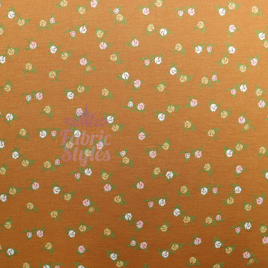 Mustard Ditsy Small Green Flowers Viscose Elastane Fabric
