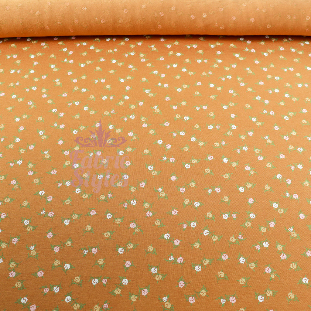 Mustard Ditsy Small Green Flowers Viscose Elastane Fabric