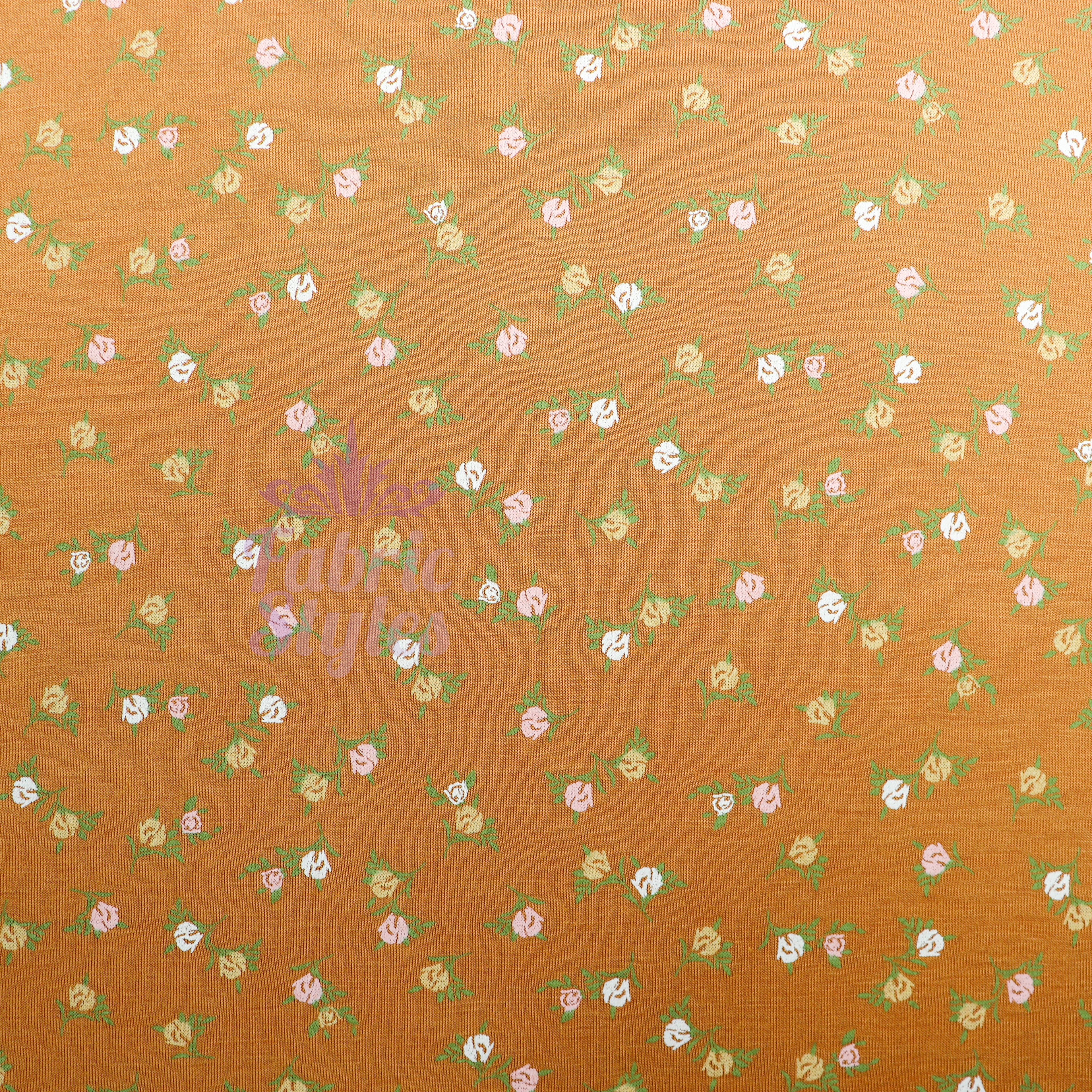 Mustard Ditsy Small Green Flowers Viscose Elastane Fabric