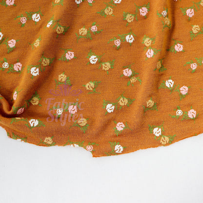 Mustard Ditsy Small Green Flowers Viscose Elastane Fabric