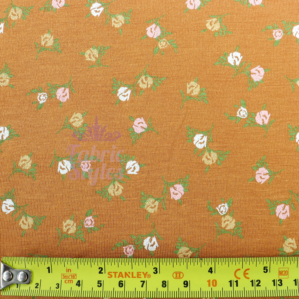 Mustard Ditsy Small Green Flowers Viscose Elastane Fabric