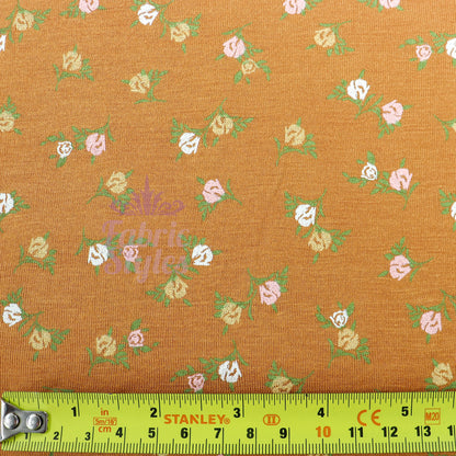 Mustard Ditsy Small Green Flowers Viscose Elastane Fabric