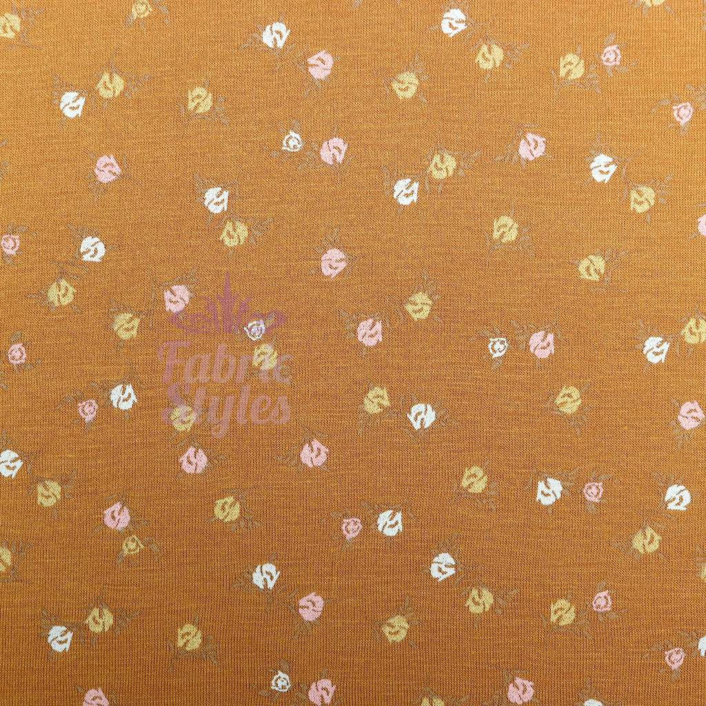 Mustard Ditsy Small Flowers Viscose Elastane Fabric