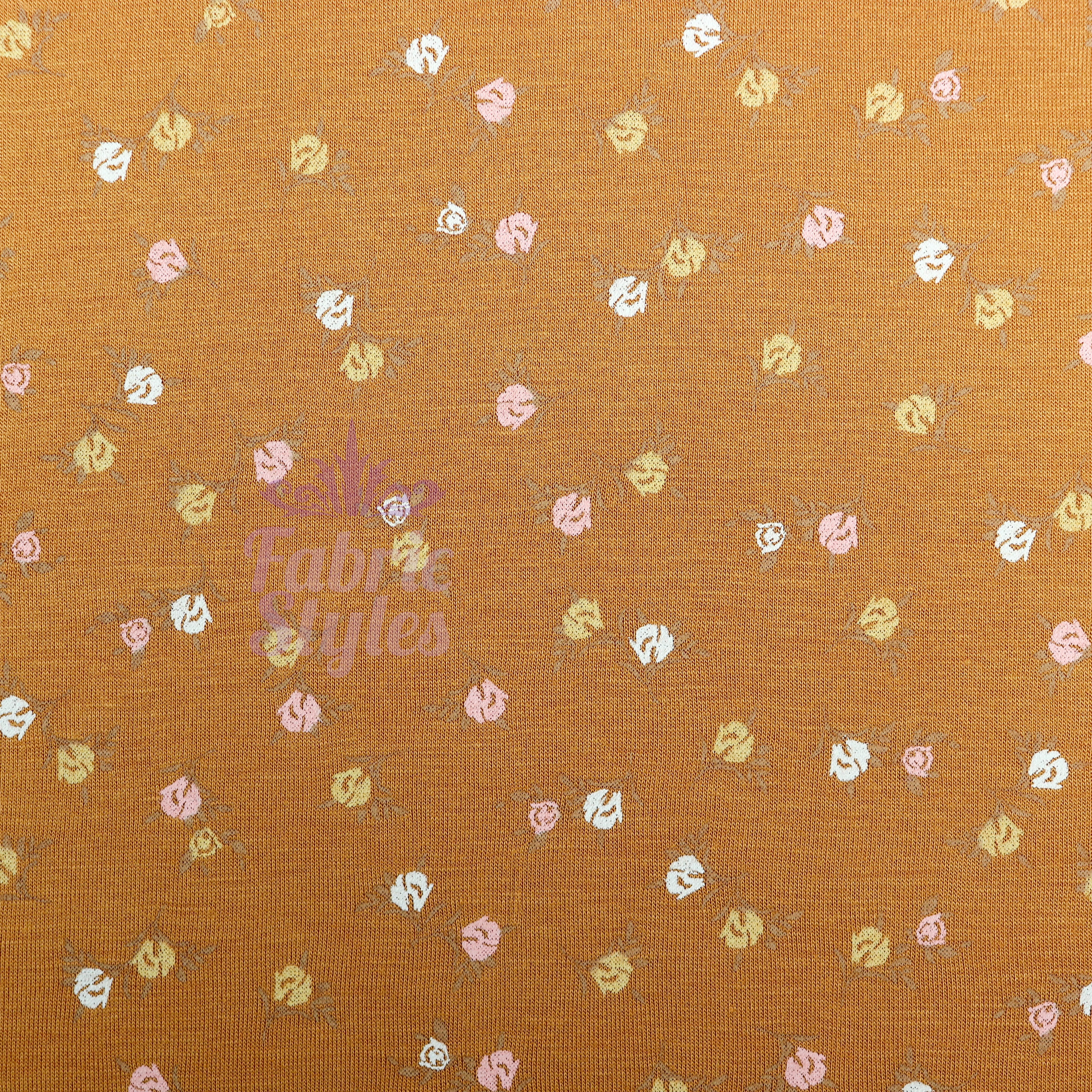 Mustard Ditsy Small Flowers Viscose Elastane Fabric