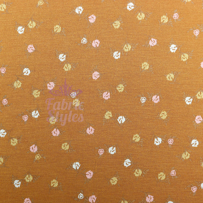Mustard Ditsy Small Flowers Viscose Elastane Fabric