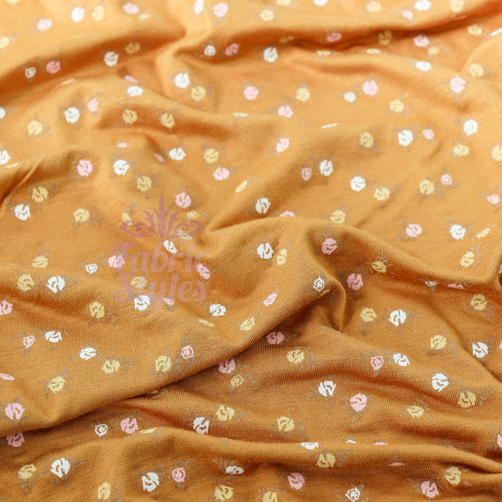 Mustard Ditsy Small Flowers Viscose Elastane Fabric