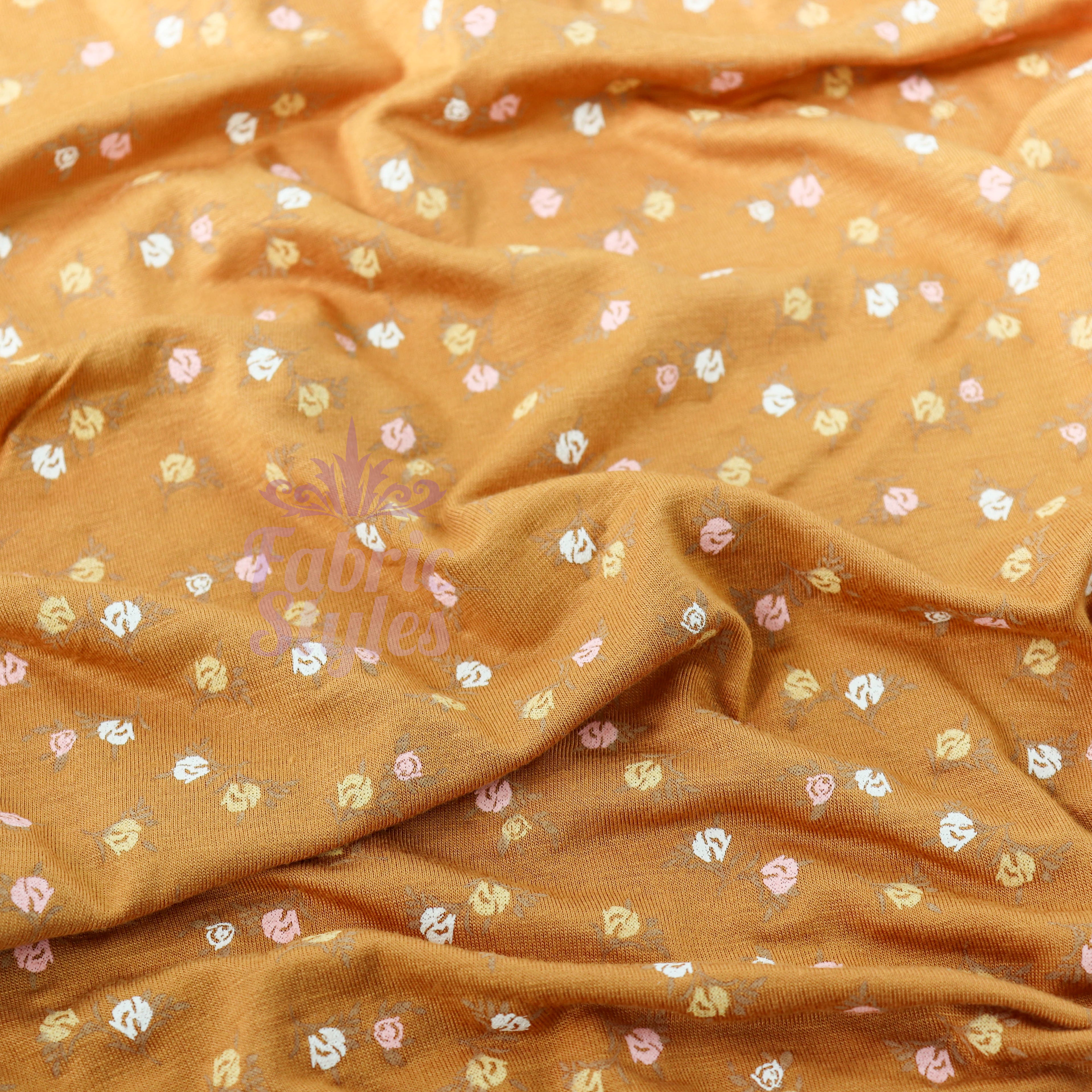 Mustard Ditsy Small Flowers Viscose Elastane Fabric