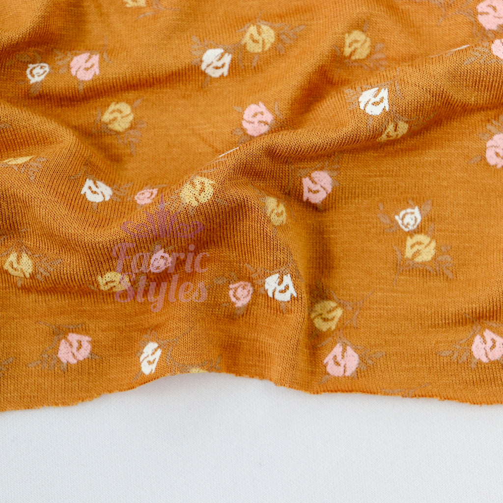Mustard Ditsy Small Flowers Viscose Elastane Fabric