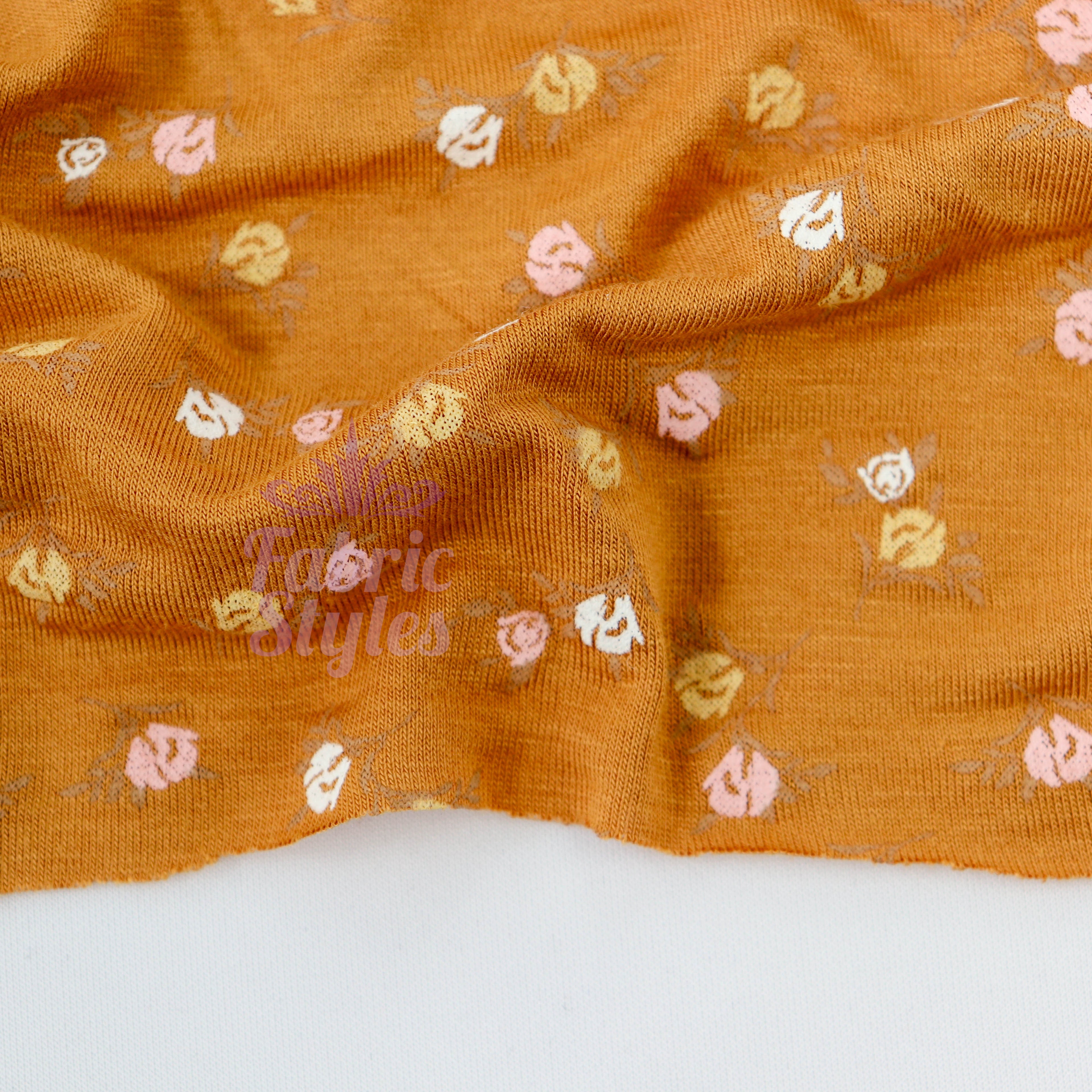 Mustard Ditsy Small Flowers Viscose Elastane Fabric