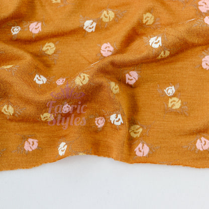Mustard Ditsy Small Flowers Viscose Elastane Fabric